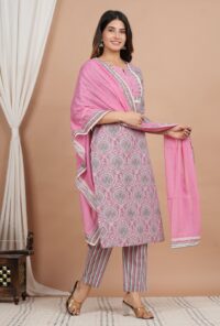 Ethnic Dress Floral Print Kurta, Trouser Dusty pink color set