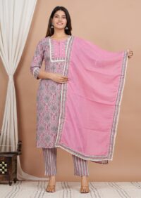 Ethnic Dress Floral Print Kurta, Trouser Dusty pink color set