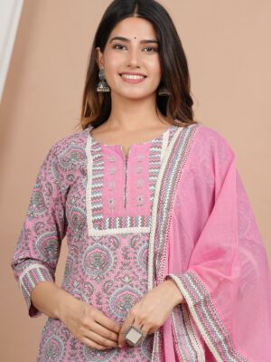 Ethnic Dress Floral Print Kurta, Trouser Dusty pink color set