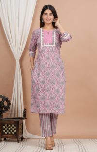 Ethnic Dress Floral Print Kurta, Trouser Dusty pink color set