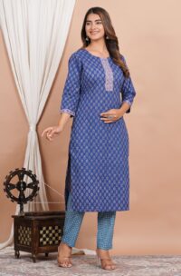 Ethnic Dress Floral Print Kurta, Trouser Dusky blue color set