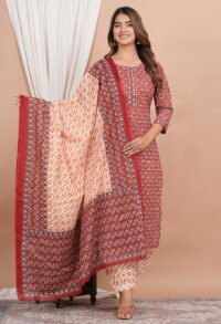 Ethnic Dress Floral Print Kurta, Trouser Valentine Red color set