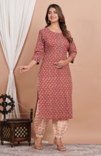 Ethnic Dress Floral Print Kurta, Trouser Valentine Red color set