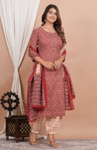 Ethnic Dress Floral Print Kurta, Trouser Valentine Red color set