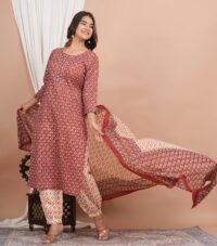 Ethnic Dress Floral Print Kurta, Trouser Valentine Red color set