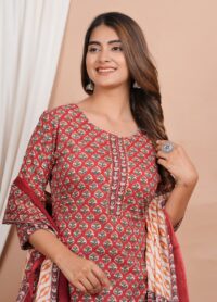 Ethnic Dress Floral Print Kurta, Trouser Valentine Red color set