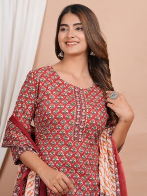 Ethnic Dress Floral Print Kurta, Trouser Valentine Red color set