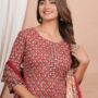 Ethnic Dress Floral Print Kurta, Trouser Valentine Red color set