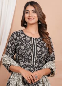 Ethnic Dress Floral Print Kurta, Trouser Black color set