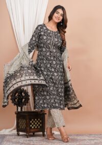 Ethnic Dress Floral Print Kurta, Trouser Black color set