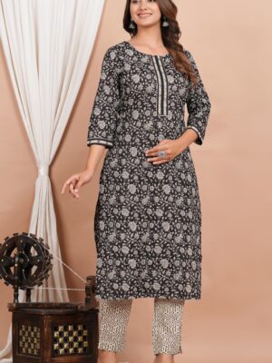 Ethnic Dress Floral Print Kurta, Trouser Black color set