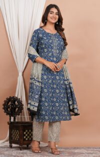 Ethnic Dress Floral Print Kurta, Trouser Dark Gray Blue color set