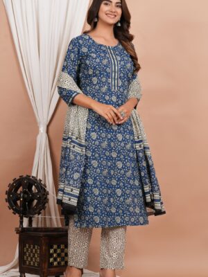 Ethnic Dress Floral Print Kurta, Trouser Dark Gray Blue color set