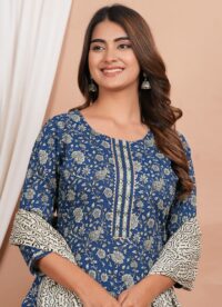 Ethnic Dress Floral Print Kurta, Trouser Dark Gray Blue color set