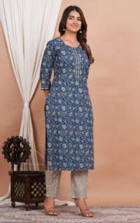 Ethnic Dress Floral Print Kurta, Trouser Dark Gray Blue color set